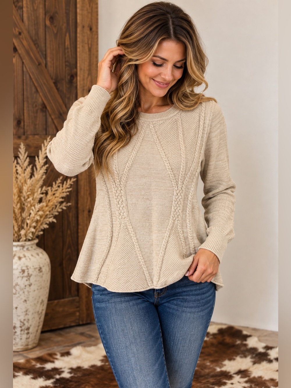PattyBoutik Medium Cream Cable Knit Peplum Sweater Boho Western